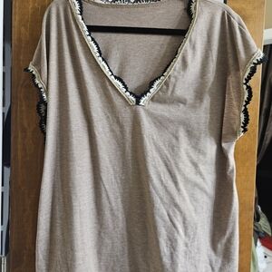 SHEIN Taupe V-Neck Tank with Black and Cream Trim
